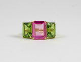 4Ct Emerald Cut Pink Sapphire Peridot Three Stone Ring 14K Yellow Gold Finish