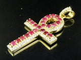 3.5ct Round Cut Pink Ruby Egyptian Ankh Cross Pendant 14k Yellow Gold Finish