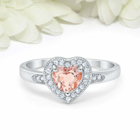 2ct Heart Cut Peach Morganite Engagement Ring Milgrain Halo 14k WhiteGold Finish