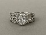 Vintage Bridal Set Engagement Ring 1.6ct Oval Cut Diamond 14k White Gold Finish