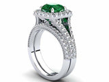 3ct Round Cut Green Emerald Split Shank Halo Bridal Set Ring 14k White Gold Over