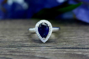 2ct Pear Cut Blue Sapphire Engagement Ring Halo Solitaire 14k White Gold Finish