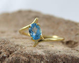 1ct Engagement Ring Oval Cut Blue Topaz Bypass Solitaire 14k Yellow Gold Finish