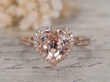 1.2ct Heart Cut Peach Morganite Engagement Ring 14k RoseGold Over Halo Solitaire