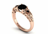 Floral Filigree Solitaire Ring 1.6ct Round Cut Black Diamond 14k RoseGold Finish