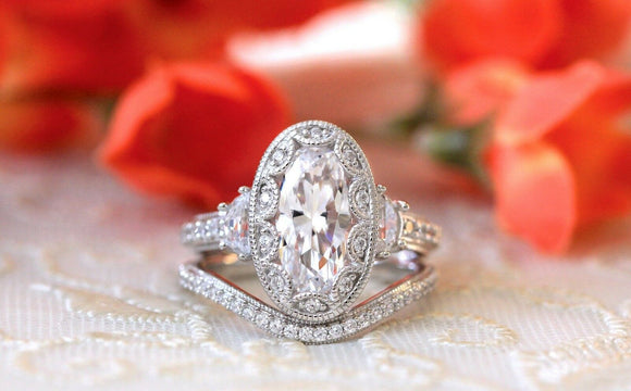 Vintage Art Deco Bridal Set Wedding Ring 3ct Oval Diamond 14k White Gold Finish