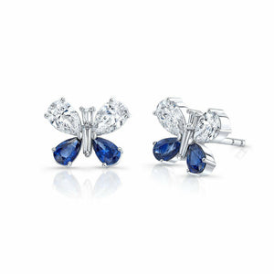 4Ct Pear Cut Diamond Blue Sapphire Butterfly Stud Earrings 14K White Gold Finish