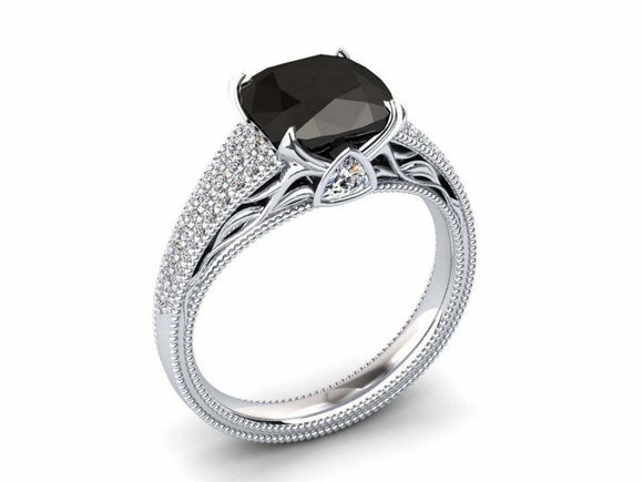 3ct Cushion Cut Black Diamond Cluster Accent Milgrain Ring 14k White Gold Finish