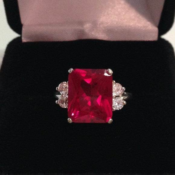 1.7ct Emerald Cut Pink Ruby Diamond Sides Engagement Ring 14k White Gold Finish