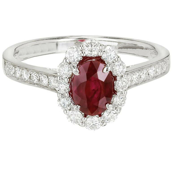 2ct Oval Cut Pink Ruby Engagement Ring Halo Round Accent 14k White Gold Finish