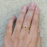 1.5ct Pear Cut Pink Ruby Wedding Band Curved Chevron Crown 14k YellowGold Finish