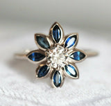 4ct Round Cut Diamond Blue Sapphire Flower Engagement Ring 14k White Gold Finish