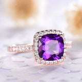 1.9ct Cushion Cut Purple Amethyst Engagement Ring Diamond Halo 18k RoseGold Over