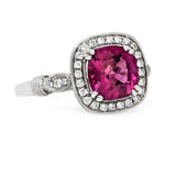 2.4ct Cushion Cut Pink Ruby Engagement Ring Milgrain Halo 14k White Gold Finish