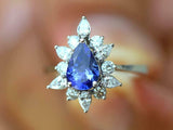 2.1ct Engagement Ring Pear Cut Blue Sapphire Halo Solitaire 14k WhiteGold Finish