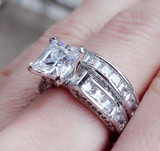 4Ct Princess Cut Diamond Bridal Set Iced Engagement Ring 14K White Gold Finish