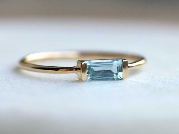 0.3ct Engagement Ring Baguette Cut Blue Aquamarine Solitaire 14k YellowGold Over