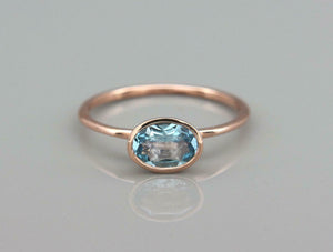 1ct Oval Blue Aquamarine Engagement Ring Bezel Set Solitaire 14k Rose Gold Over