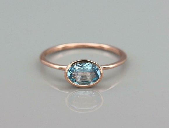 1ct Oval Blue Aquamarine Engagement Ring Bezel Set Solitaire 14k Rose Gold Over