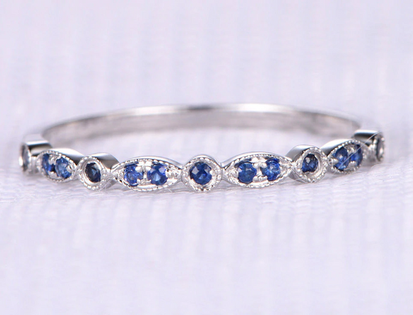 1.2ct Round Cut Blue Sapphire Wedding Band Ring Half Eternity 18k WhiteGold Over