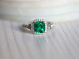 2ct Engagement Ring Cushion Cut Green Emerald Diamond Halo 14k White Gold Finish