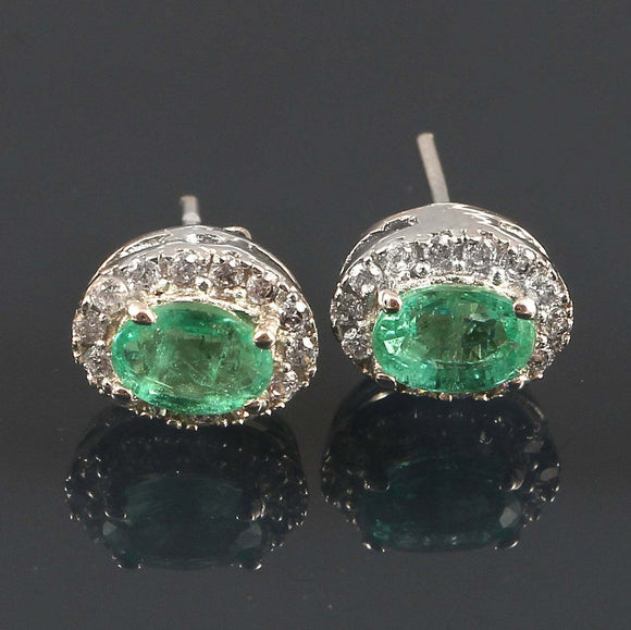 2.4ct Stud Earrings Oval Cut Green Emerald Diamond Halo 14k White Gold Finish