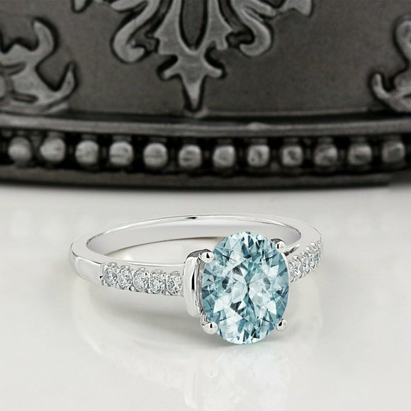 2Ct Oval Cut Blue Aquamarine Solitaire Ring 14K White Gold Finish Round Accents