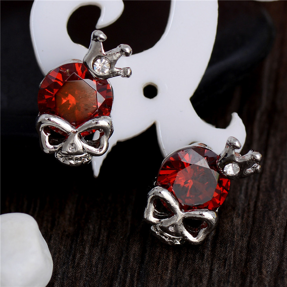 1Ct Round Cut Red Garnet Crown Skull Gothic Stud Earrings 14K White Gold Finish