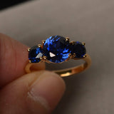 2ct Round Cut Blue Sapphire Engagement Ring 14k YellowGold Finish Unique Trilogy