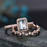 3Ct Emerald Cut Blue Aquamarine Bridal Set Engagement Ring 18K Rose Gold Finish