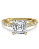 2Ct Asscher Cut Diamond Trendy Solitaire with Accent Ring 14K Yellow Gold Finish