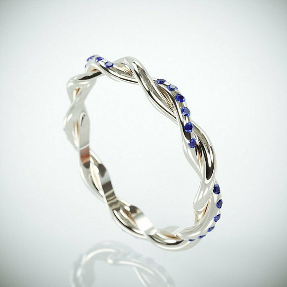 2Ct Round Cut Blue Sapphire Twisted Rope Thin Wedding Band 14k White Gold Finish