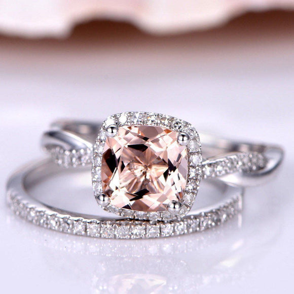 1.7ct Cushion Peach Morganite Infinity Bridal Engagement Ring 14k WhiteGold Over