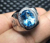 2ct Oval Cut Blue Topaz Signet Halo Men Engagement Ring 14k White Gold Finish