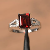 2ct Emerald Cut Red Garnet Split Shank Engagement Ring 14k White Gold Finish