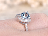 2ct Heart Cut Blue Aquamarine Heart Shaped Diamond Halo Ring 14k White Gold Over