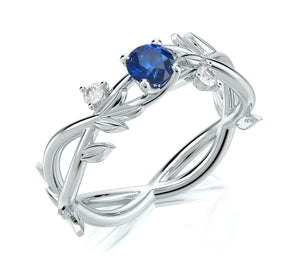 1ct Round Cut Blue Sapphire Leaf Solitaire Engagement Ring 14k White Gold Finish