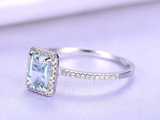 1.5ct Emerald Cut Blue Aquamarine Engagement Ring Halo 14k White Gold Finish