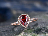 1.5Ct Pear Cut Red Garnet Halo Solitaire Engagement Ring 14K Rose Gold Finish