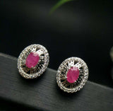 2ct Stud Earrings Oval Cut Pink Ruby Stylish Halo 14k White Gold Finish