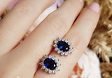 2ct Oval Cut Blue Sapphire Diamond Halo Cluster Stud Earrings 14k WhiteGold Over