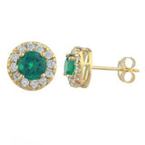 2ct Stud Earrings Round Cut Green Emerald Diamond Halo 14k Yellow Gold Finish