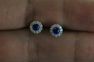 1ct Round Cut Blue Sapphire Halo Design Stud Earrings 14k White Gold Finish