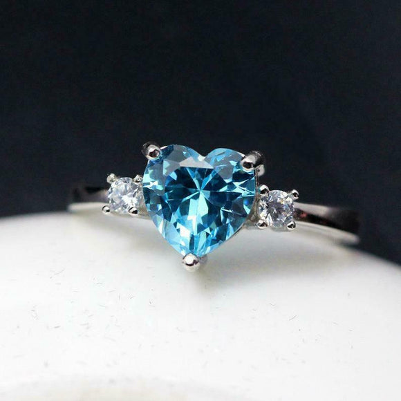 1ct Heart Cut Blue Aquamarine Diamond Accents Trilogy Ring 14k White Gold Finish