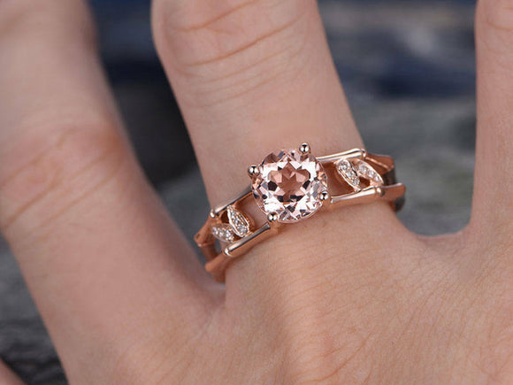 1.5Ct Round Cut Peach Morganite Bamboo Leaf Engagement Ring 14K Rose Gold Finish