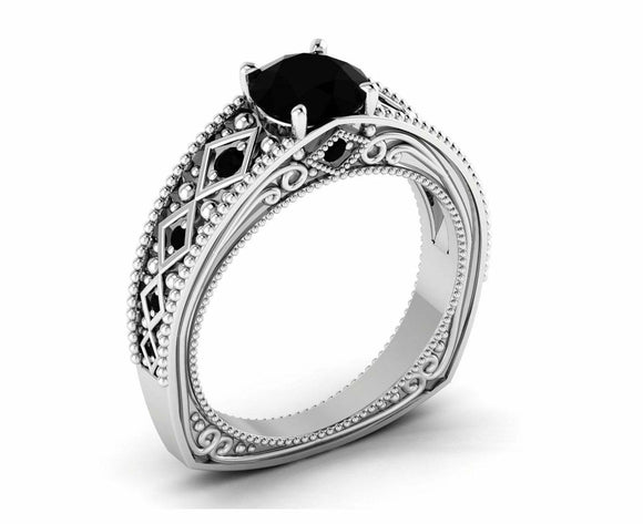 Milgrain Solitaire with Accents Ring 2ct Round Black Diamond 14k White Gold Over