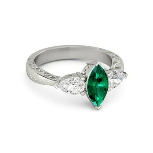 2Ct Marquise Cut Green Emerald Vintage Three Stone Ring 14K White Gold Finish