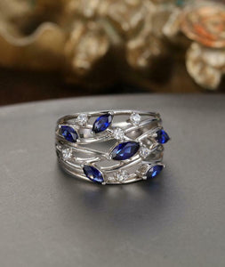 2ct Marquise Cut Blue Sapphire Leaf Cluster Wide Open Ring 14k White Gold Finish