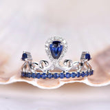 2ct Pear Cut Blue Sapphire Crown Princess Engagement Ring 14k White Gold Finish