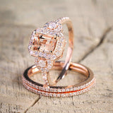 7Ct Emerald Cut Peach Morganite Diamond Bridal Trio Ring Set 14K Rose Gold Over